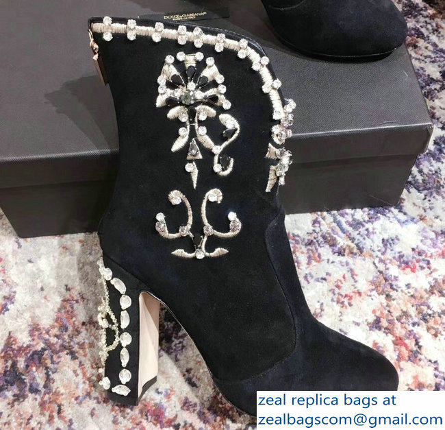 Dolce & Gabbana Embroidery Heel 9cm Ankle Boots Black 2018